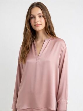 Joie Dusty Rose Satin Split-Neck Silk Blouse